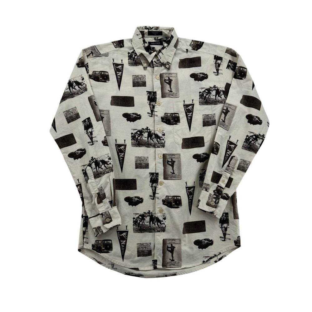 Mens Vintage 90s Nautica Football All Over Print Shirt Medium Cream Long Sleeve